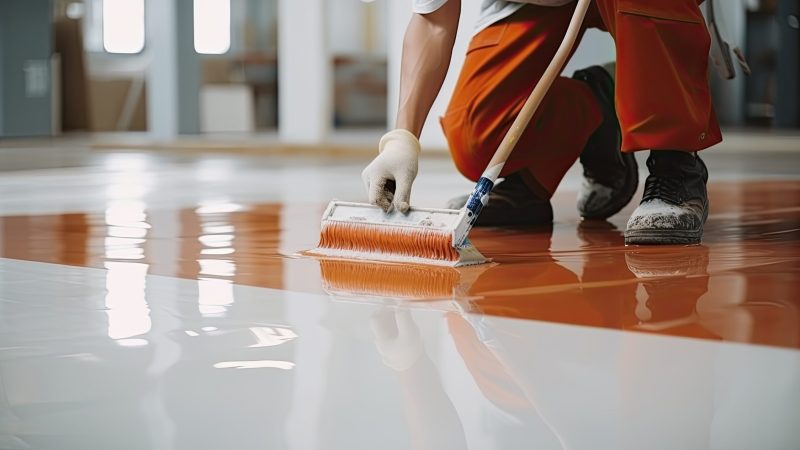 Renovation worker making new epoxy resin flooring in a large, brightly lit room.