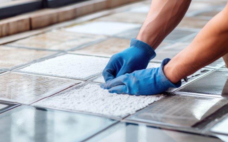 Installing porcelain tiles on the balcony floor as part of an interior remodeling project